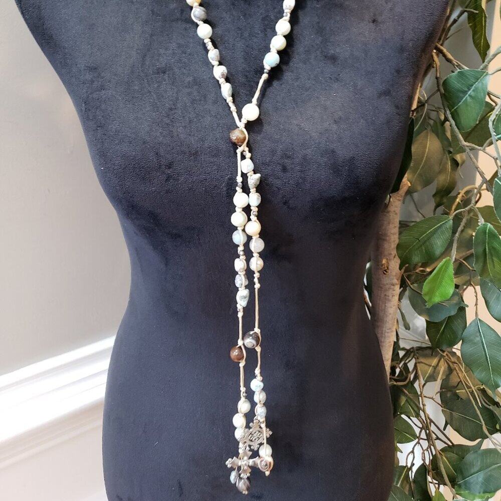 Womens Fashion Mixed Bead Faceted Bead Natural Quartz Chips Tassel Long Necklace - Picture 2 of 9
